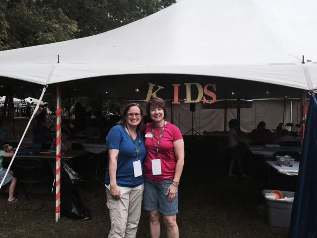 Godly Play storytellers Emily Griffin (L) and Becki Stewart at Wild Goose Christian Festival in North Carolina